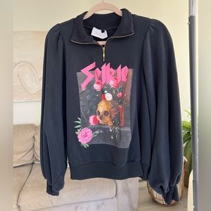 SELKIE Puff Sleeve Half Zip Skull Sweatshirt